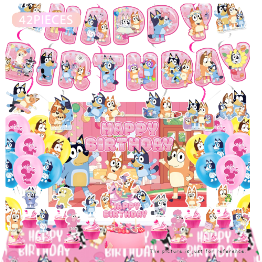 42pcs Bluey Pink Theme Birthday Balloon set with Table cover and Backdrop