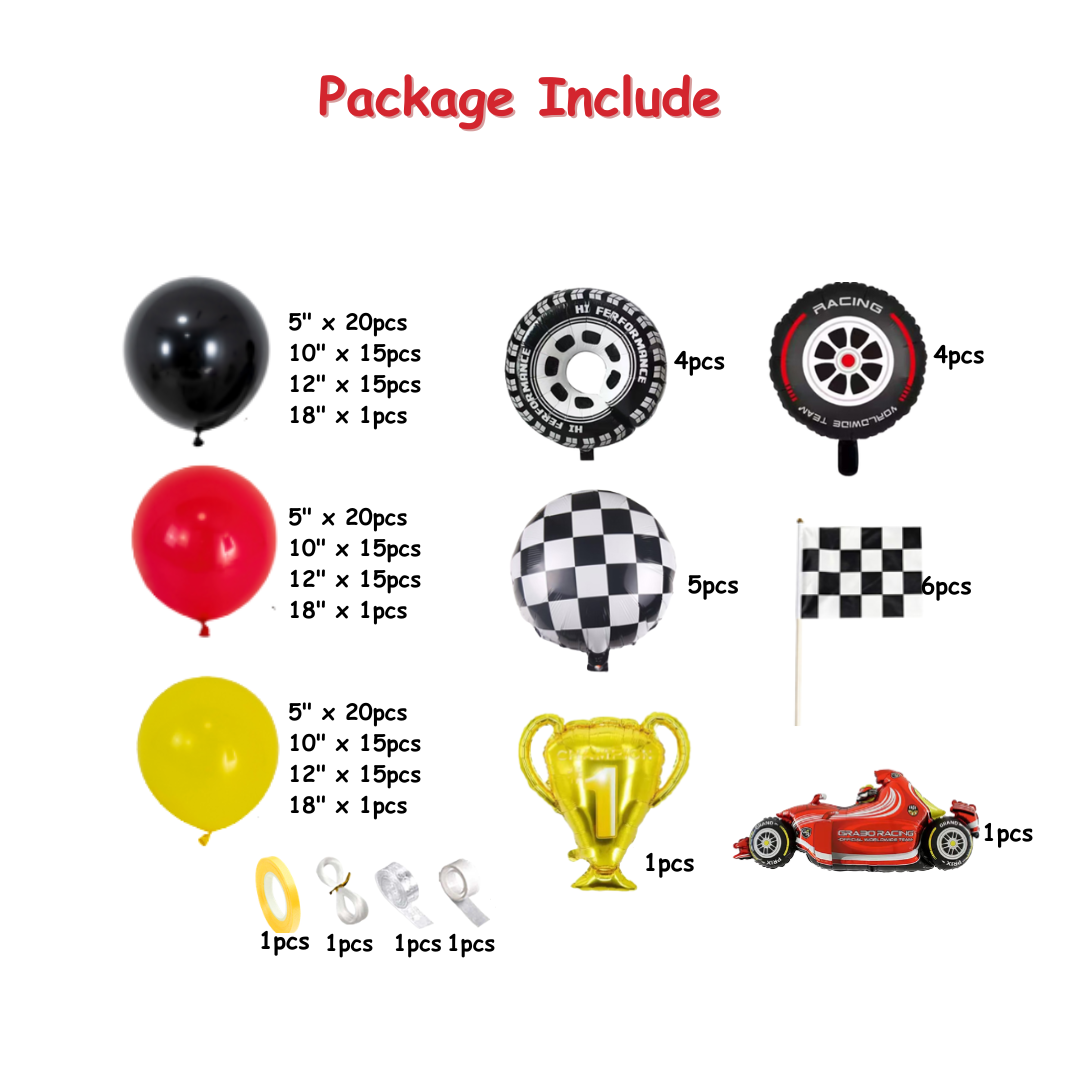 178pcs Red Yellow and Black Racing Car Balloon Decorations Kit with Tire and Flag
