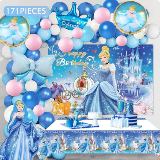 171pcs Blue Princess Cinderella Balloons Garland Kit with Table cover and Backdrop
