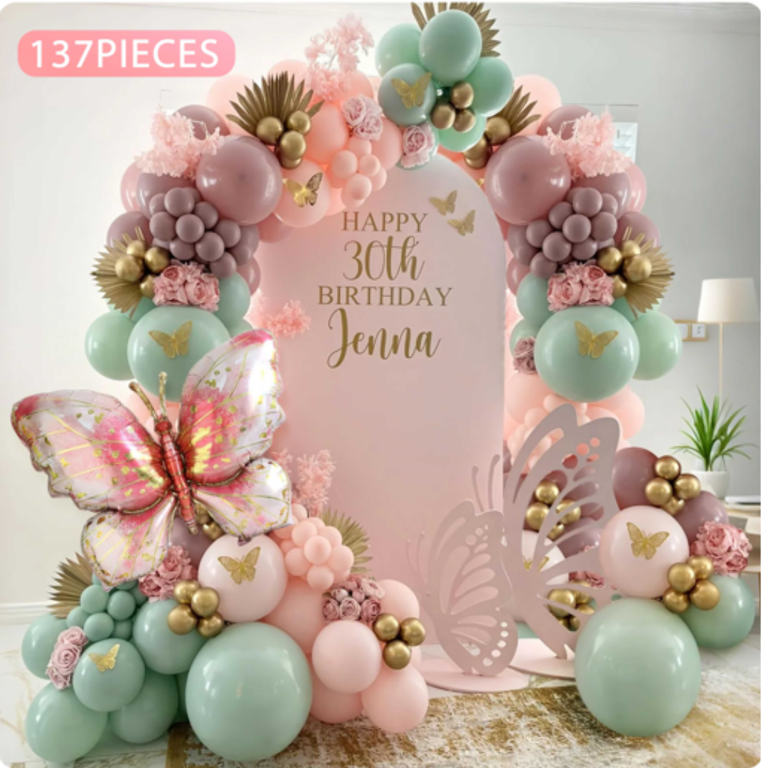 137pcs Pink and Green Butterfly Balloon set
