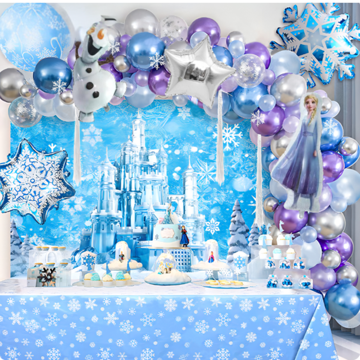 126pcs Frozen Birthday Balloon Garland Kit with Elsa and Olaf Foil Balloon with Backdrop and Table Cover