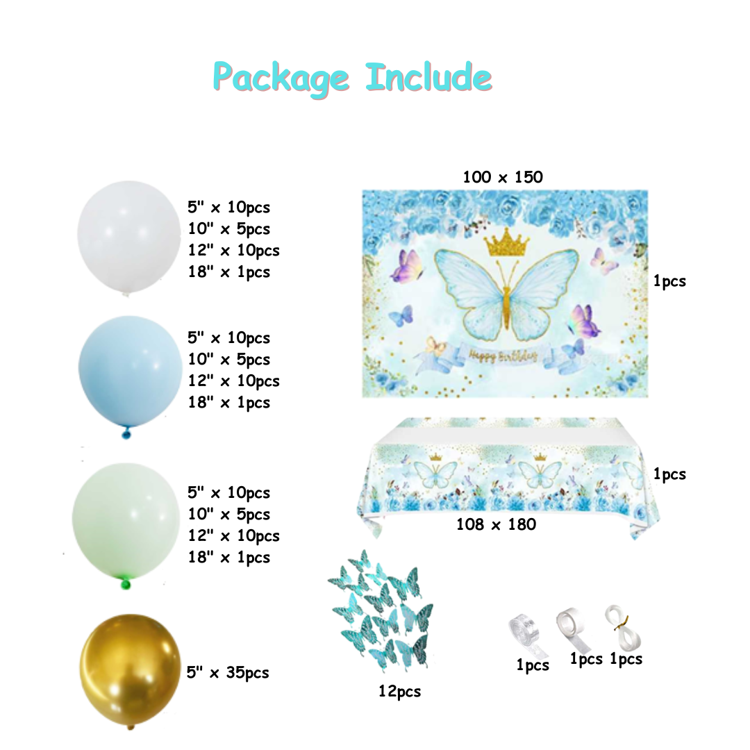 159pcs Light Blue Butterfly Balloon Set with Table cover and Backdrop