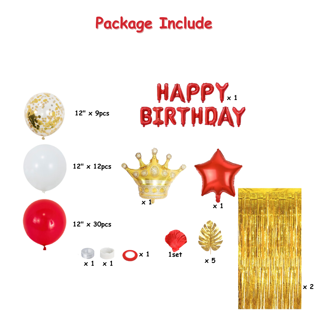 65pcs Red and Gold Birthday Decorations with Banner, Rose Petals and Gold Leaves
