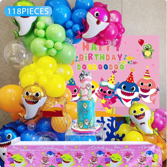 118pcs Pink Girl Baby Shark Balloons Garland Kit with Backdrop and Table Cover