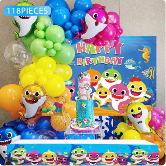118pcs Blue Boy Baby Shark Balloons Garland Kit with Backdrop and Table Cover