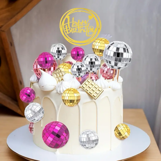 24pcs Disco Ball Happy Birthday Cake Topper