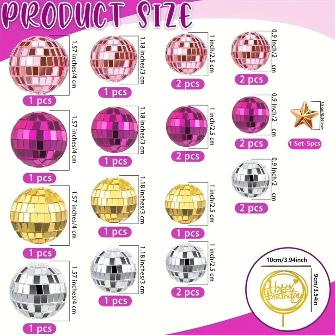 24pcs Disco Ball Happy Birthday Cake Topper