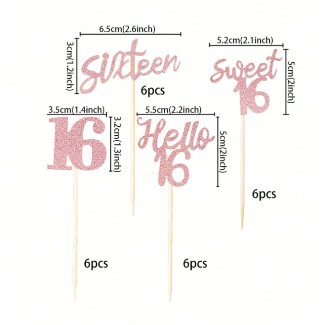 12pcs Glitter Rose Gold 16th Birthday Hello 16 Sixteen Cupcake Toppers