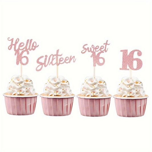 12pcs Glitter Rose Gold 16th Birthday Hello 16 Sixteen Cupcake Toppers