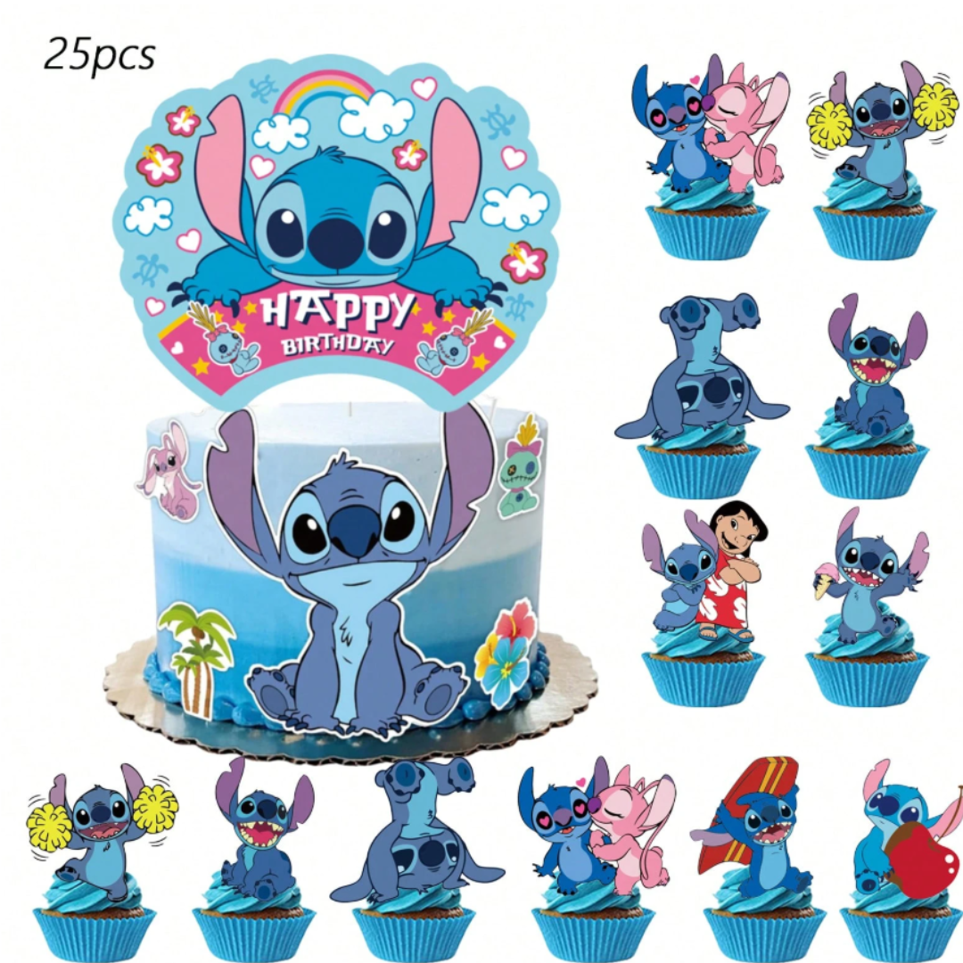 25pcs Blue Stitch Theme Cake Topper Set