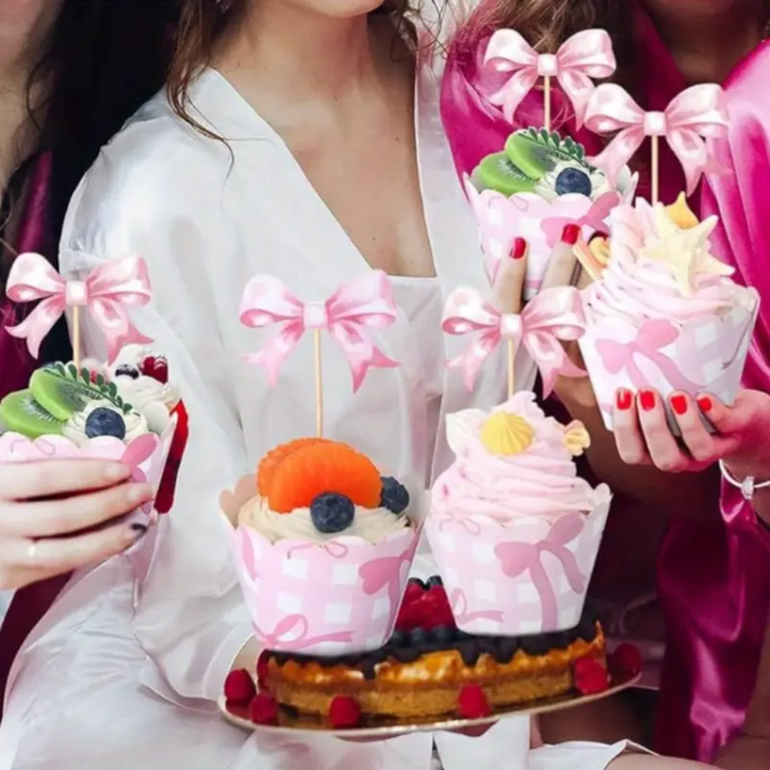 16pcs Pink Bow Birthday Cupcake topper