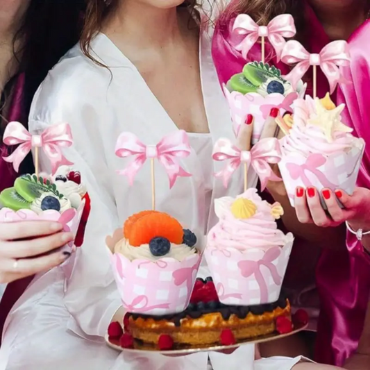 16pcs Pink Bow Birthday Cupcake topper