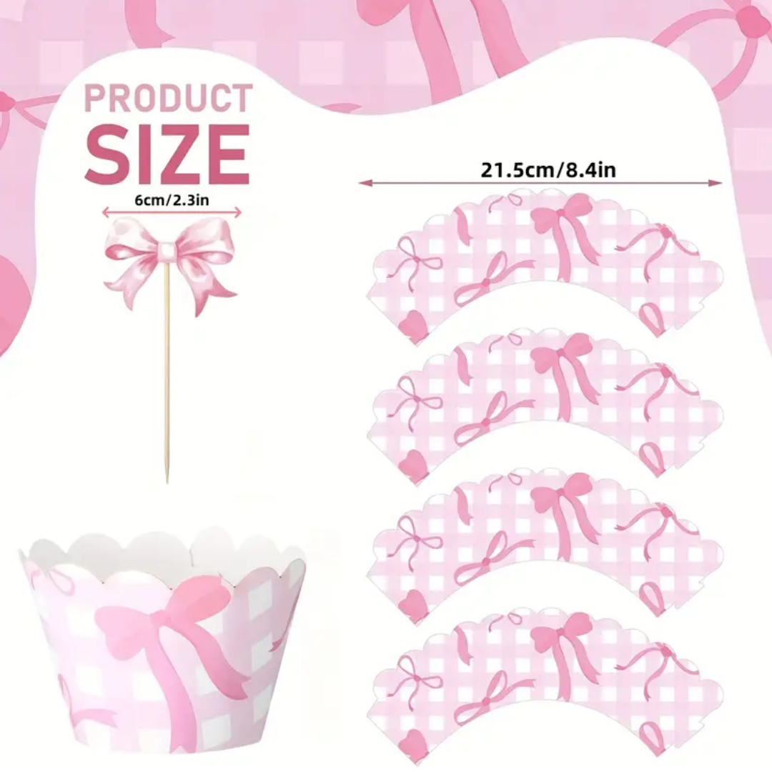 16pcs Pink Bow Birthday Cupcake topper
