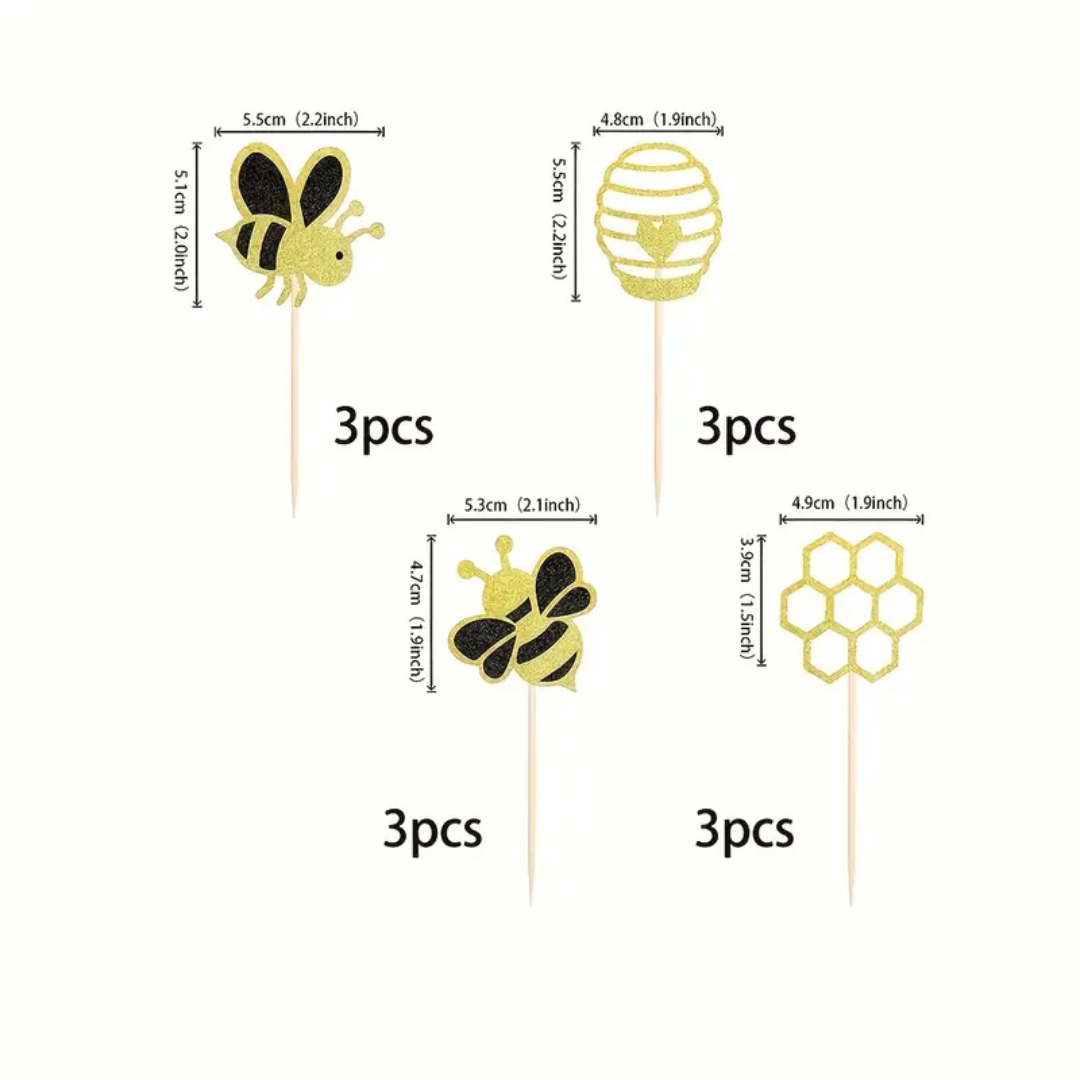 12pcs Glitter Bumble Bee Cupcake Toppers