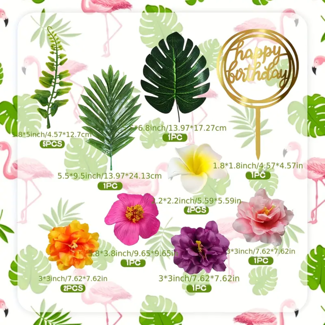 17pcs Happy birthday Cake Topper with Palm Leaves and Tropical Flowers