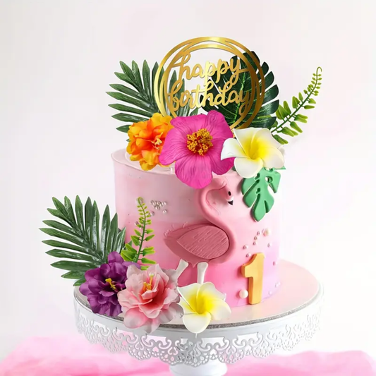 17pcs Happy birthday Cake Topper with Palm Leaves and Tropical Flowers