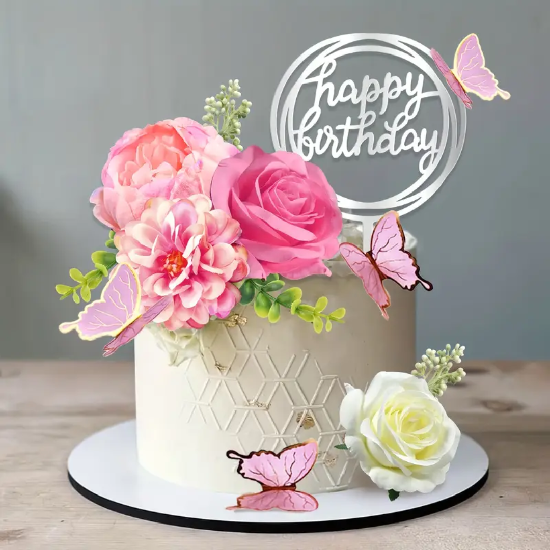 16pcs happy birthday Cake topper with Butterfly, Pink Rose and Artificial Flower