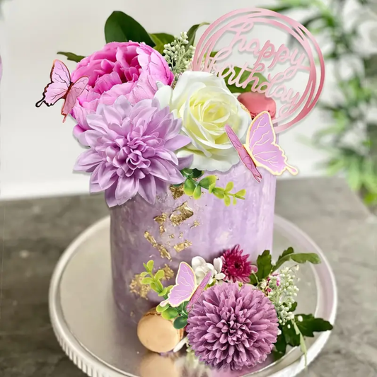 14pcs Happy Birthday Cake Topper with Butterfly, Purple Rose and Artificial Flower