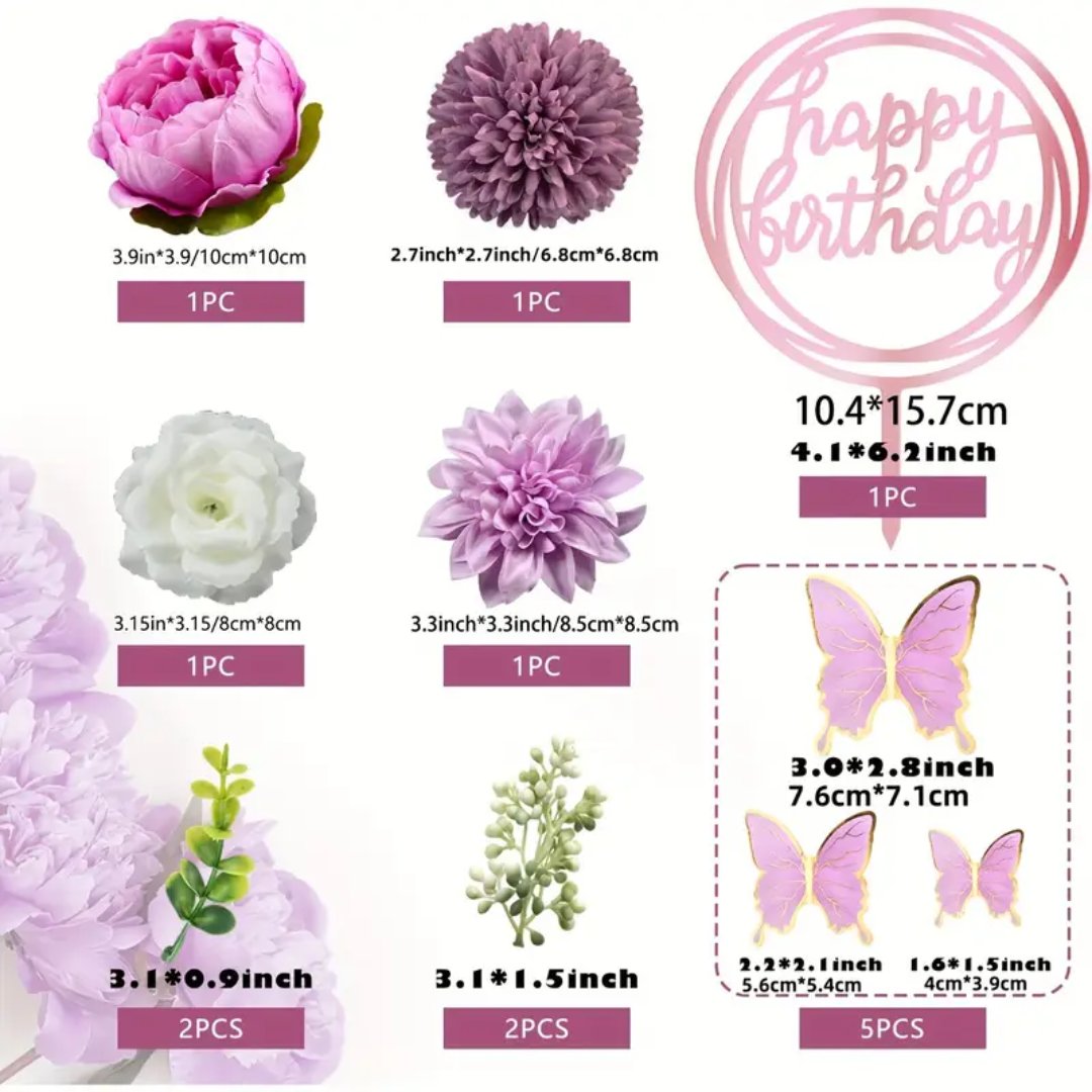 14pcs Happy Birthday Cake Topper with Butterfly, Purple Rose and Artificial Flower