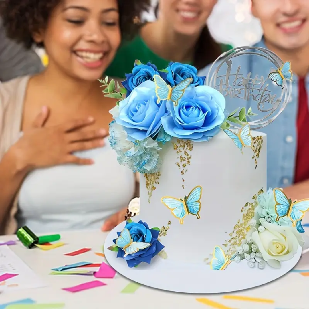 19pcs, Birthday Cake Toppers Butterfly with Artificial Blue Rose Flowers