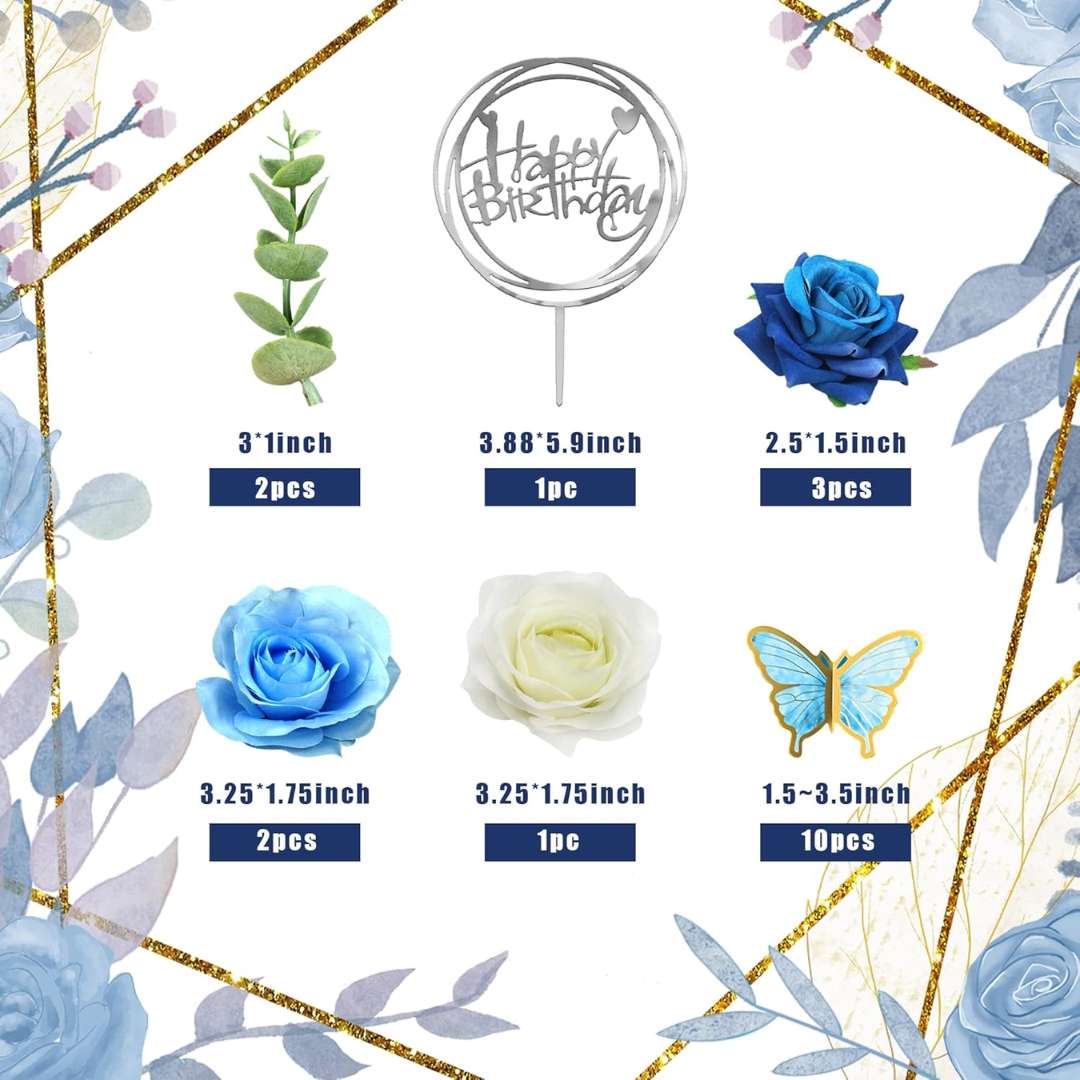 19pcs, Birthday Cake Toppers Butterfly with Artificial Blue Rose Flowers