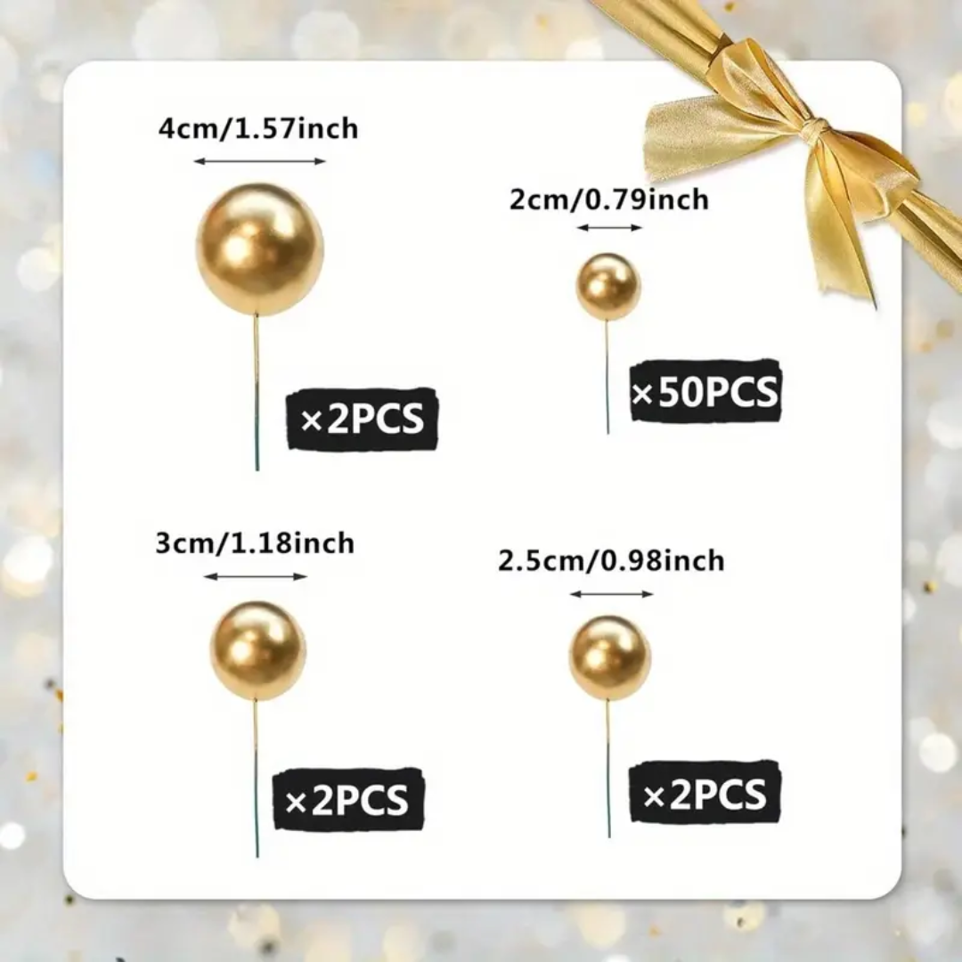 56pcs Gold Metallic Balls Birthday Cake Topper