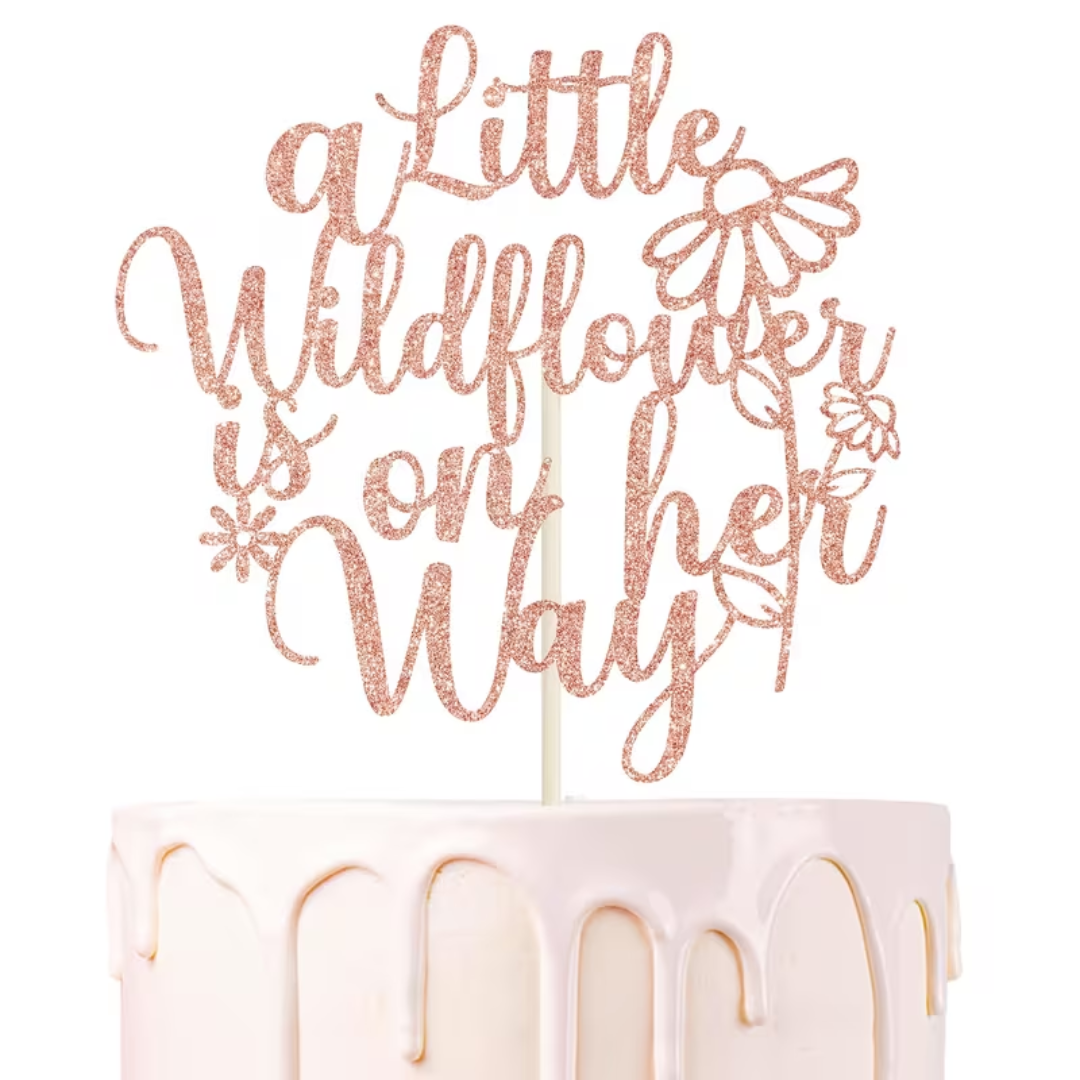A Little Wildflower is on the Way Rose Gold Glitter Cake Topper