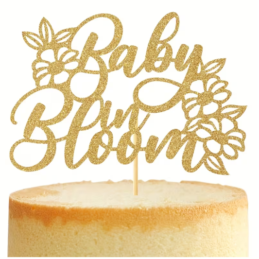 Gold Baby in Bloom Cake Topper with Glitter Flowers