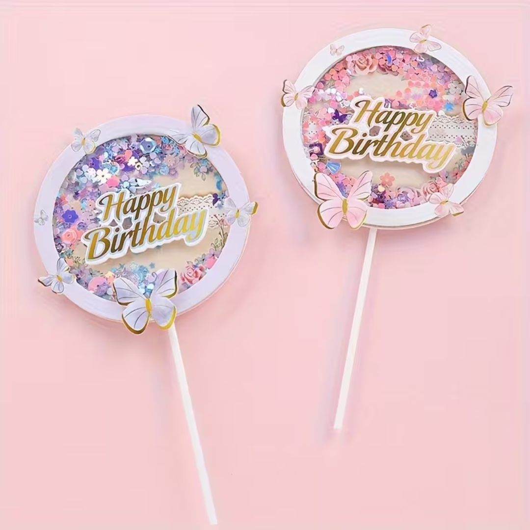 Glitter Butterfly Theme Round Shaped Cake Topper