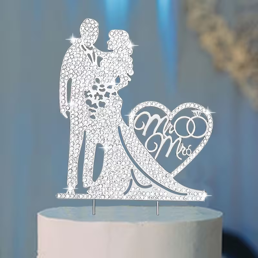Mr. & Mrs. Silver Crystal Wedding Cake Topper