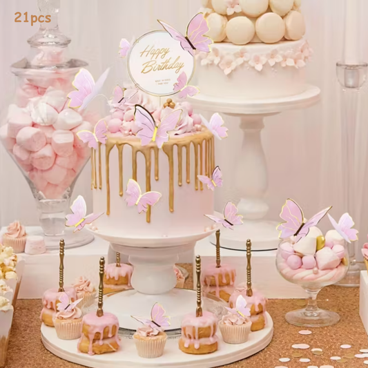 21pcs Pink Butterfly Cake Decorations with Happy Birthday Cake Topper