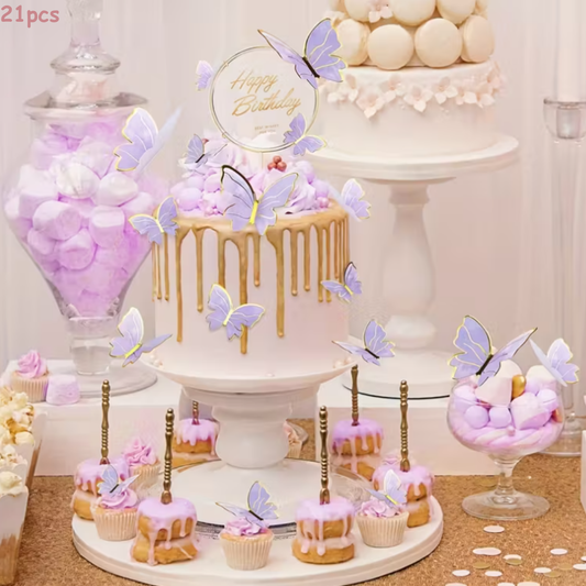 21pcs Purple Butterfly Cake Decorations with Happy Birthday Cake Topper