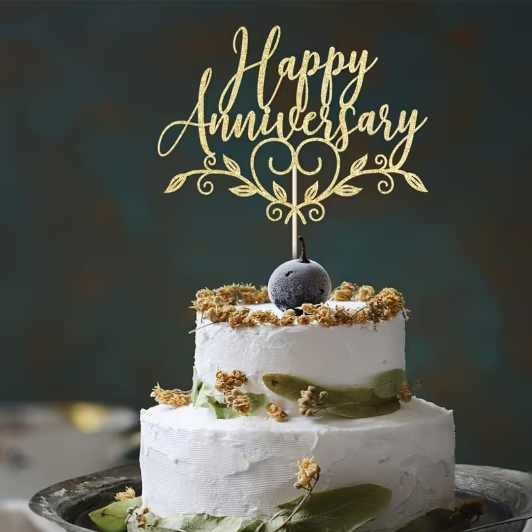 Gold Glitter Paper Happy Anniversary Cake Topper