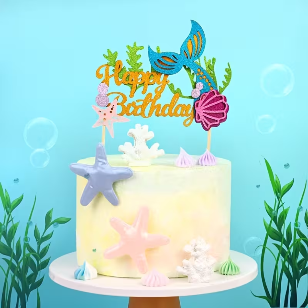 1pcs Mermaid Tail, Shell and Starfish Glitter Cake Topper