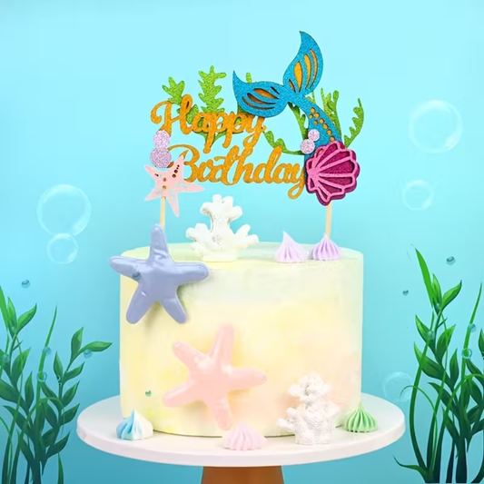 1pcs Mermaid Tail, Shell and Starfish Glitter Cake Topper