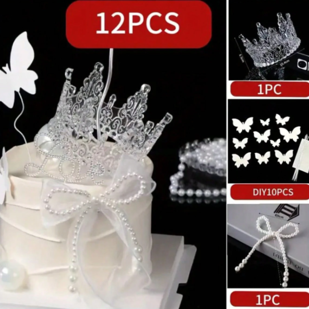 12pcs Set Butterfly, Crown and Pearl Bow Cake Toppers
