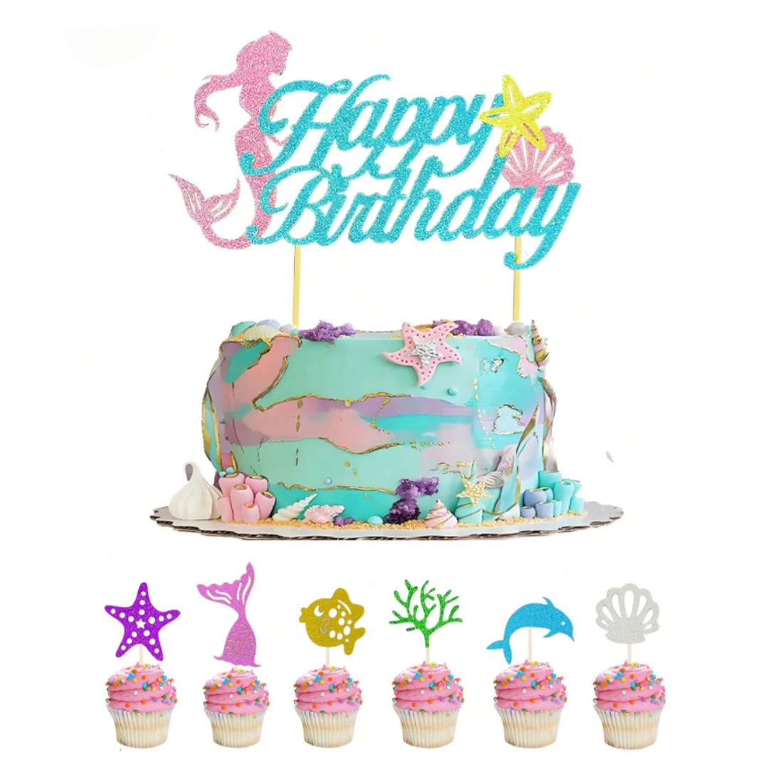 7pcs Mermaid Theme Birthday Cake Topper