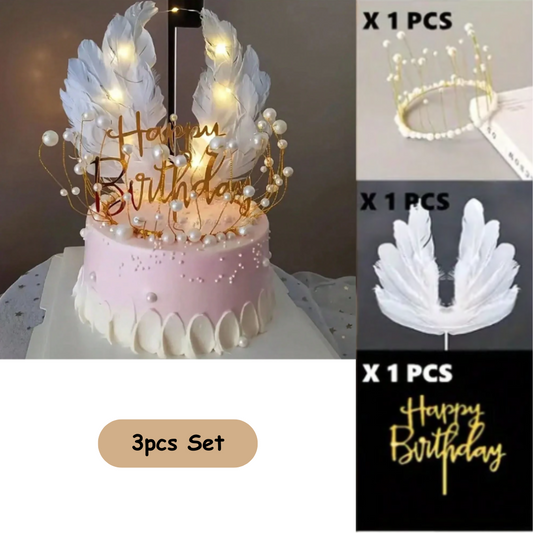 3pcs Princess Theme Birthday Cake Topper Set, Crown, Feather Wing and Acrylic Happy Birthday Cake Topper