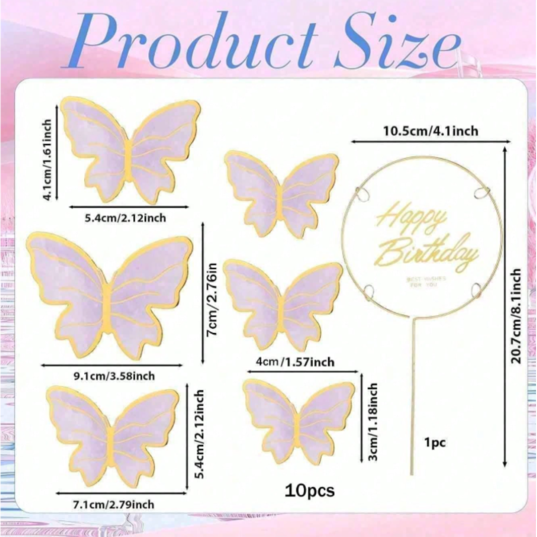 11pcs Purple Butterfly Happy Birthday Cake Toppers