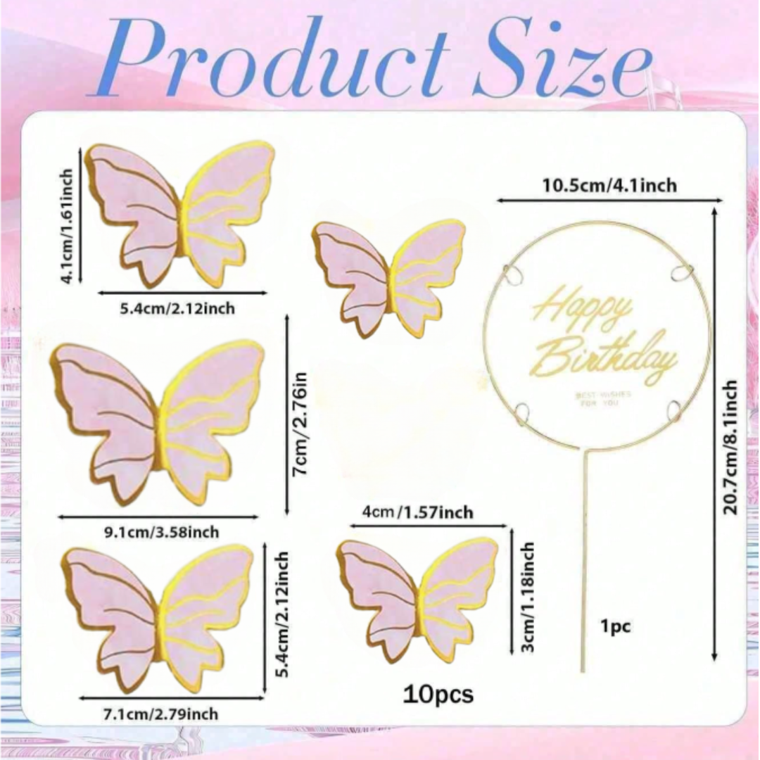 11pcs Pink Butterfly Happy Birthday Cake Toppers