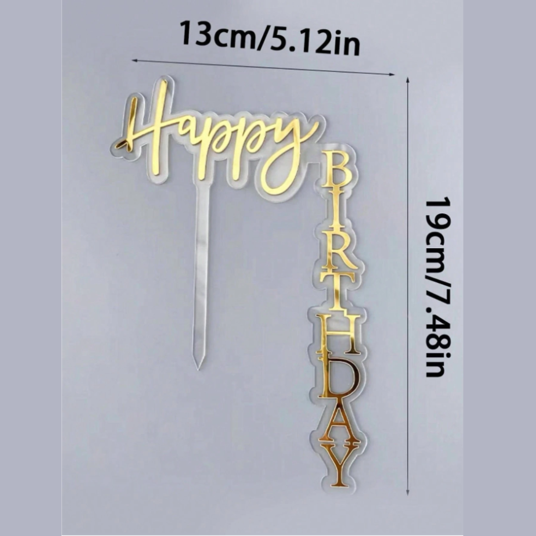 Golden Acrylic Transparent Large Happy Birthday Cake Topper