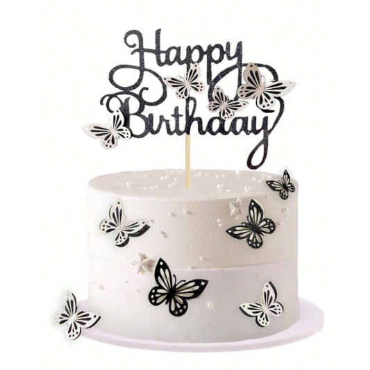 13Pcs Black and Silver Butterfly Happy Birthday Cake Topper