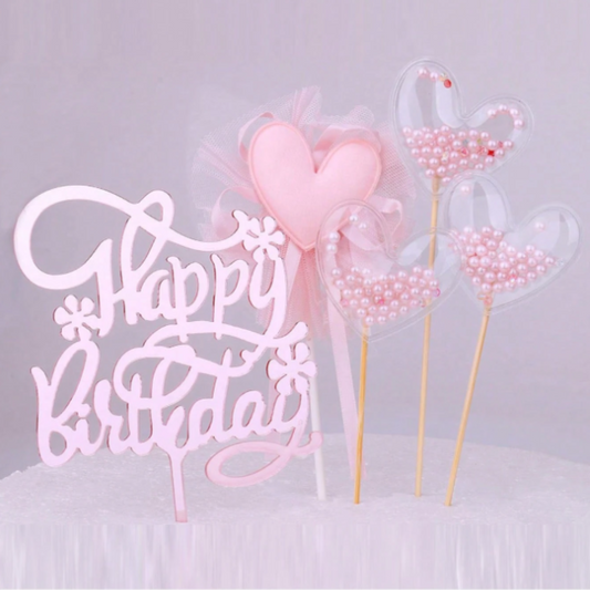 5PCS Pink Heart Happy Birthday Cake Toppers