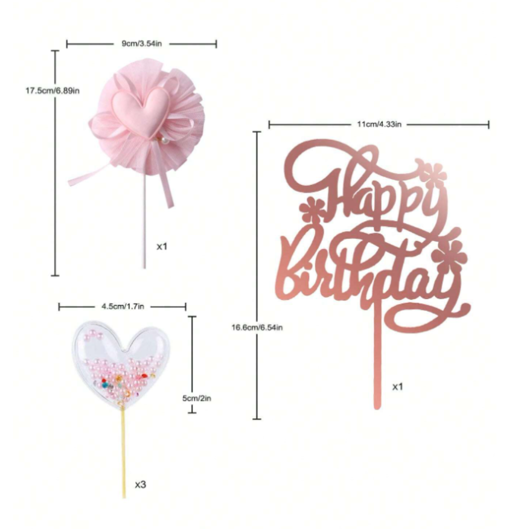 5PCS Pink Heart Happy Birthday Cake Toppers