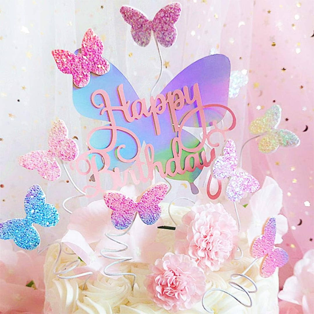 6pcs/Set Pink Butterfly Happy Birthday Ombre Sequin Cake Toppers