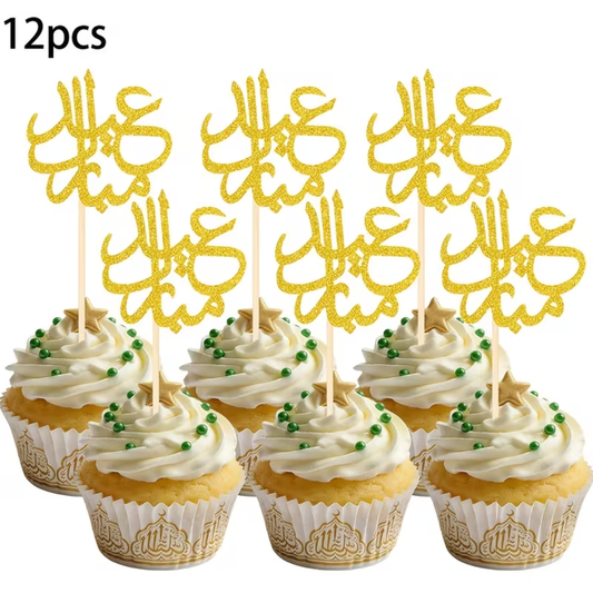 12pcs Eid Mubarak Cup Cake Toppers