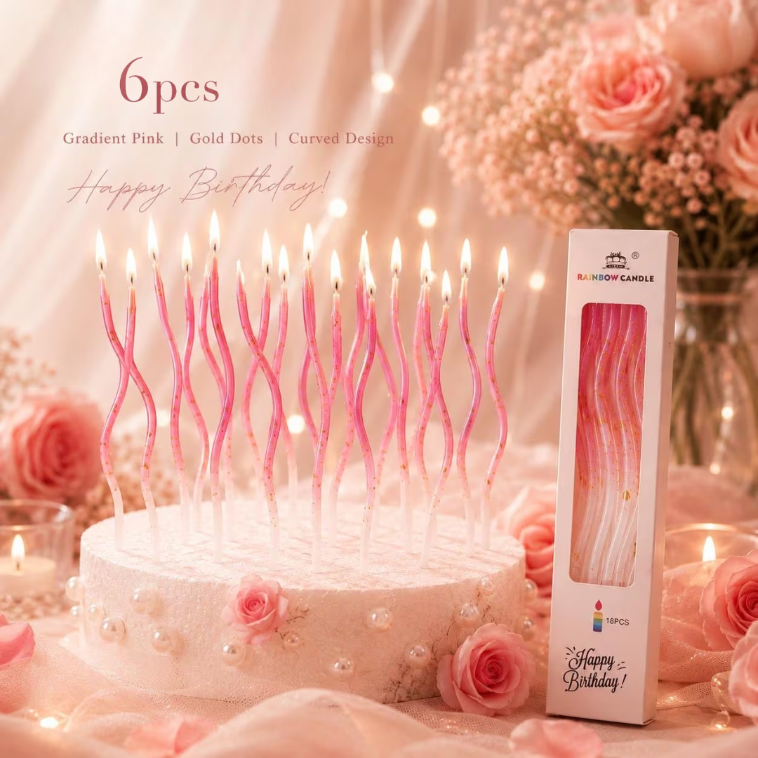 6pcs Gradient Pink with Gold Dot Spiral Curve Candle