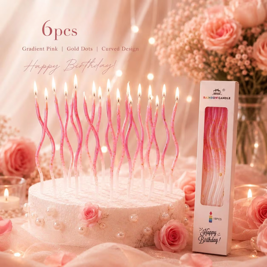 6pcs Gradient Pink with Gold Dot Spiral Curve Candle