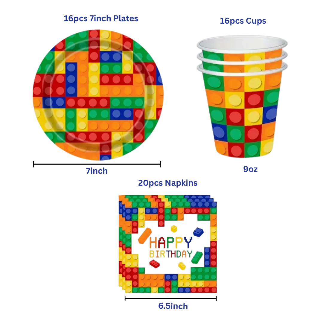 Building Blocks Lego Theme Dinnerware Plates, Cups, Napkins