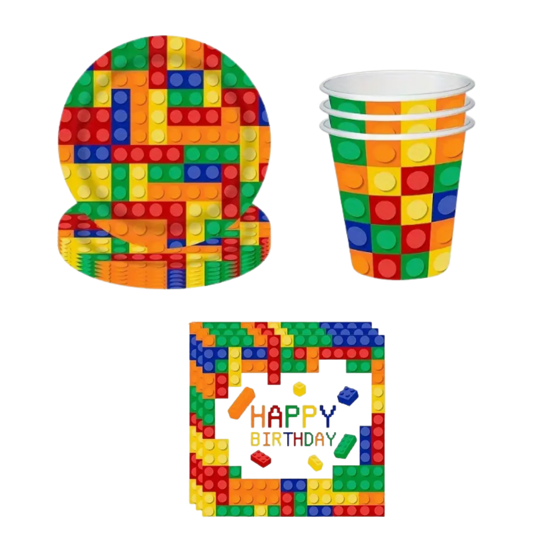 Building Blocks Lego Theme Dinnerware Plates, Cups, Napkins